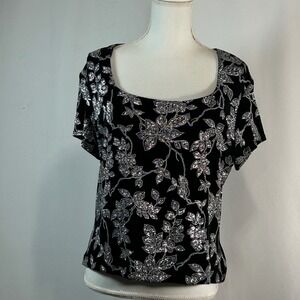 Ronni Nicole by‎ Ouida Black Floral Glitter Square Neck Cap Sleeve Top Women's L